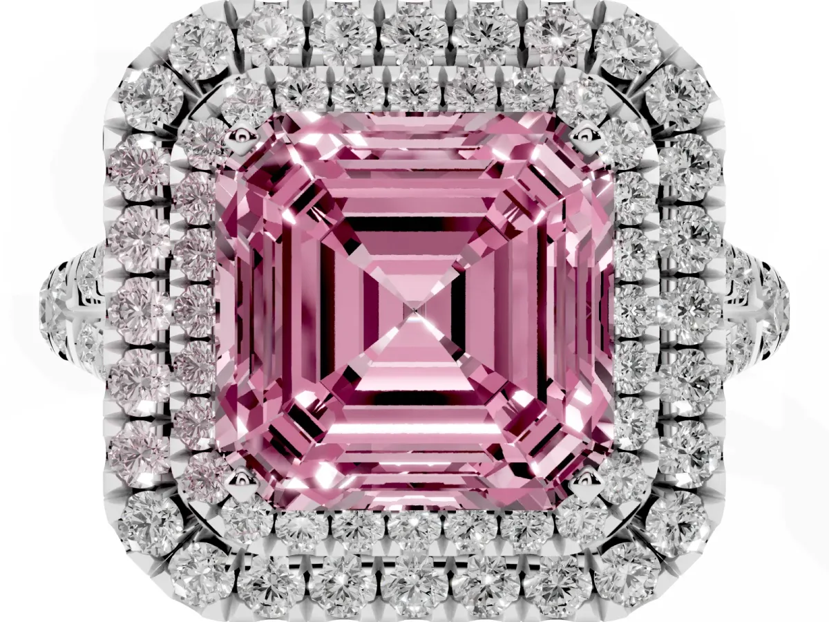 Fancy Pink Asscher Cut Cut Double Halo Split Shank Diamond Ring with Prong Setting Platinum