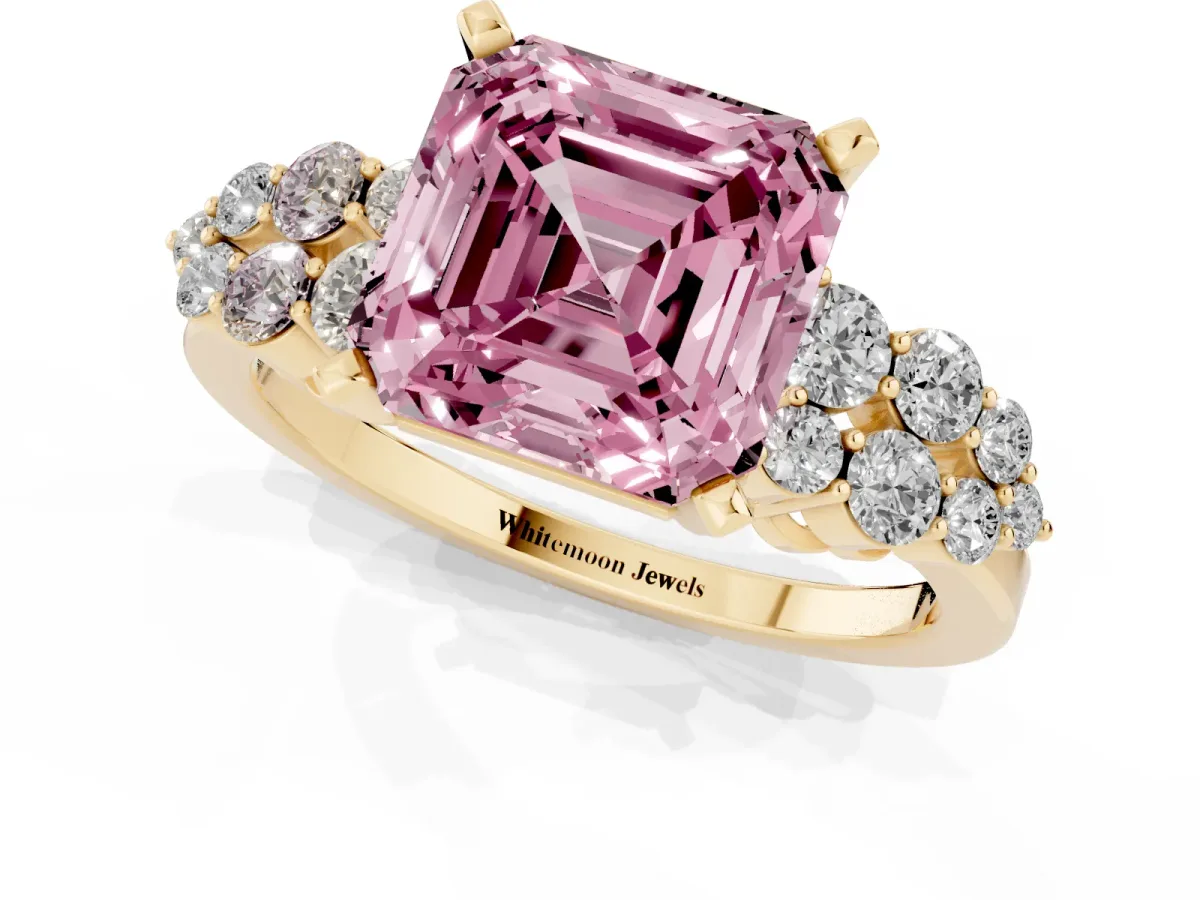 Fancy Pink Asscher Cut Cluster Diamond Engagement Ring with Pavé Band and Four-Prong Setting Yellow gold