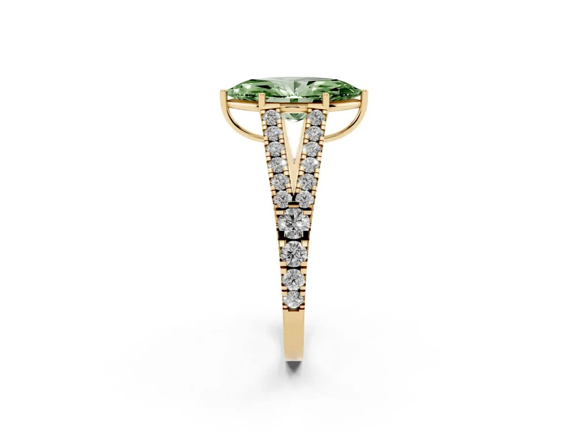 Fancy Green Marquise Cut Diamond Split Shank Engagement Ring with Round Pavé and Prong Setting Yellow gold