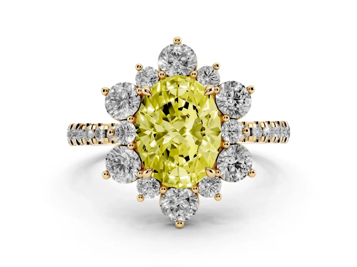 Fancy Yellow Oval Cut Diamond Floral Halo Ring with Round Pavé Band and Prong Setting Yellow gold