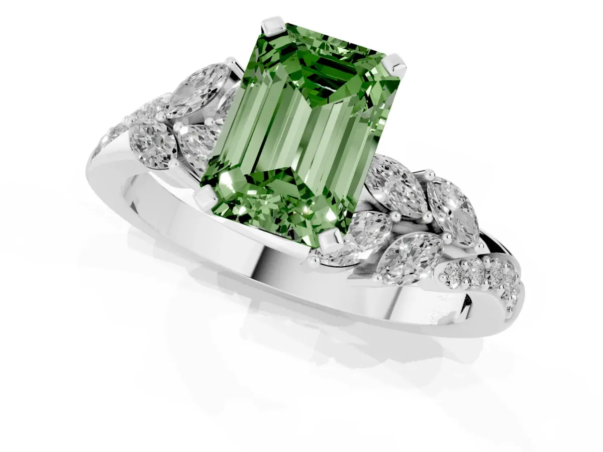Fancy Green Emerald Cut Solitaire Marquise Twist Band with Six-Prong Setting Silver