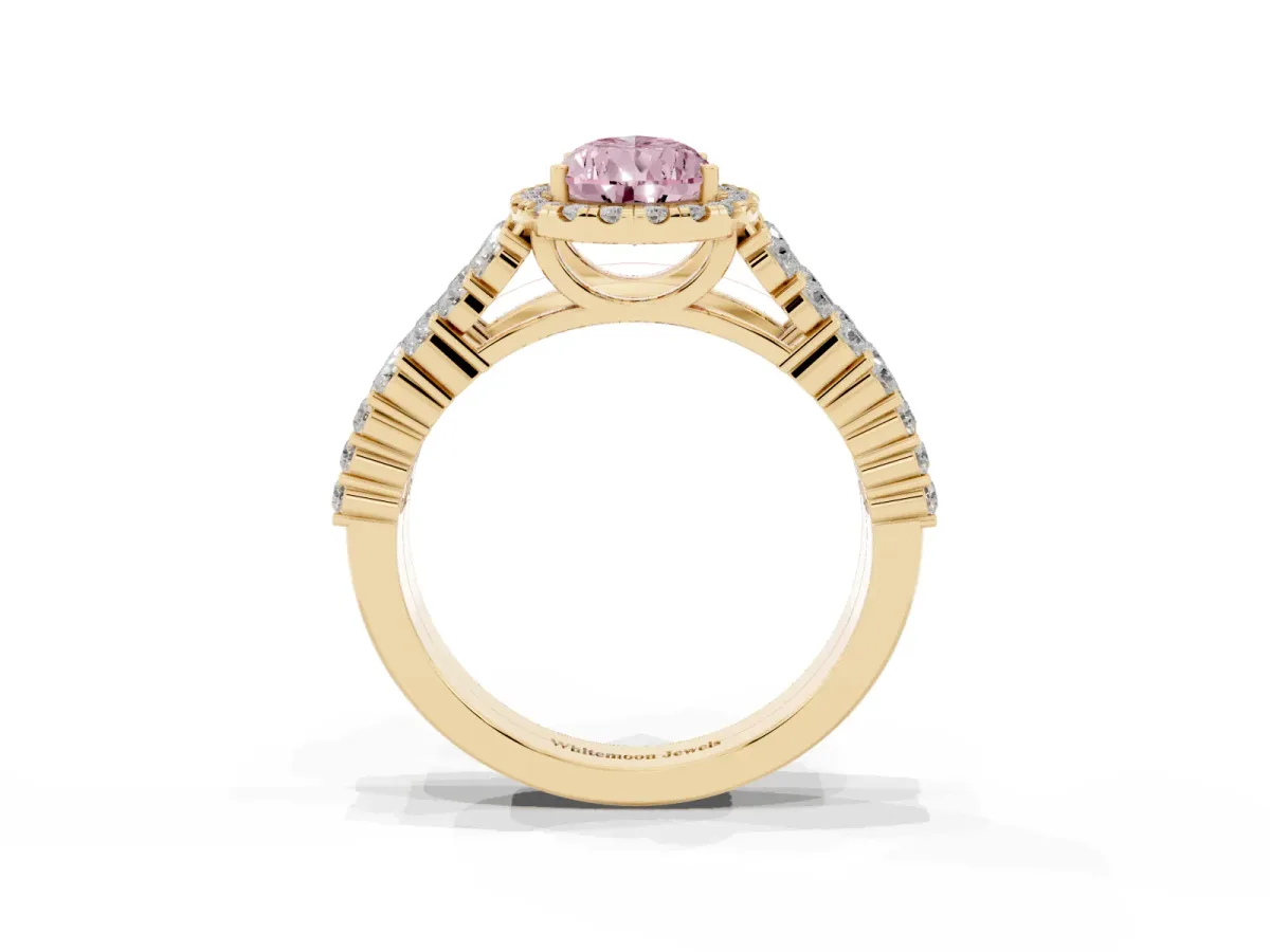 Fancy Pink Pear Cut Diamond Halo Engagement Ring with Triple Row Round Pavé Band and Prong Setting Yellow gold