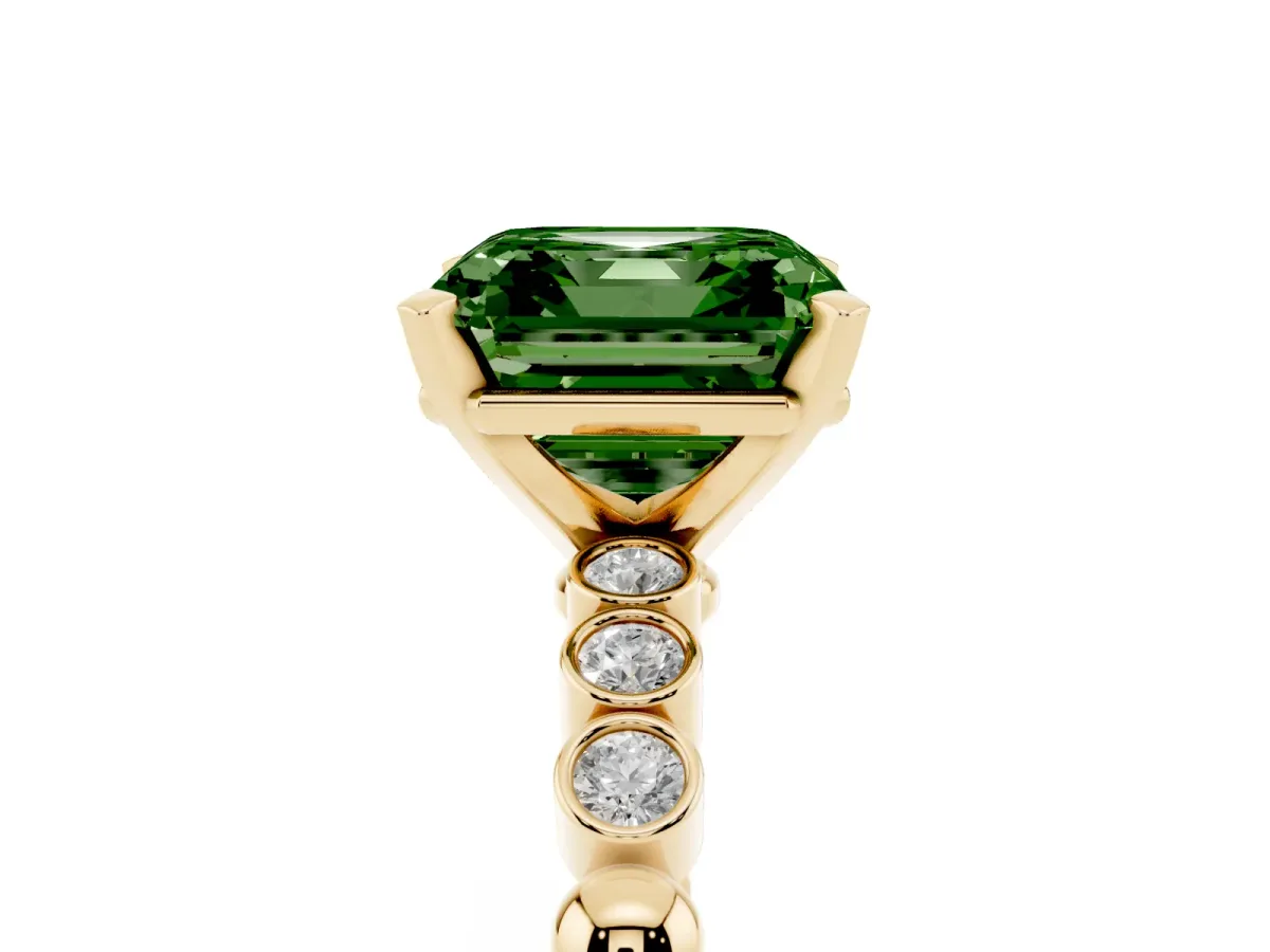 Fancy Green Asscher Cut Solitaire Bezel Accent Diamond Engagement Ring with Beaded Band and Four-Prong Setting Yellow gold