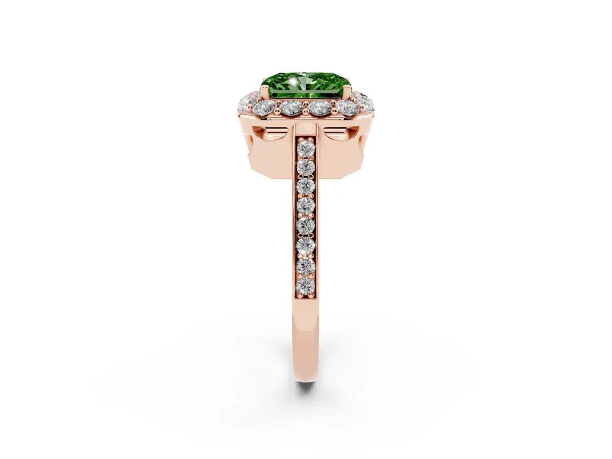 Fancy Green Radiant Cut Diamond Floral Halo Ring with Pavé Band and Prong Setting Rose gold