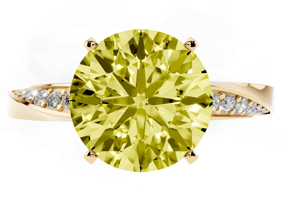 Fancy Yellow Round Cut Diamond Engagement Ring with Side Stone Accents and Four-Prong Setting Yellow gold