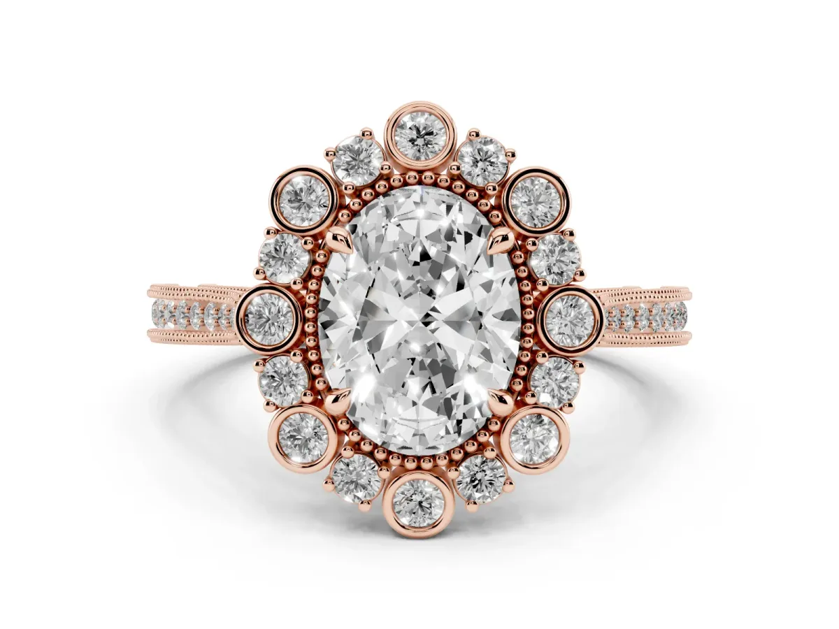 Oval Cut Halo Milgrain Pave Diamond Ring with Four-Prong Setting Rose gold