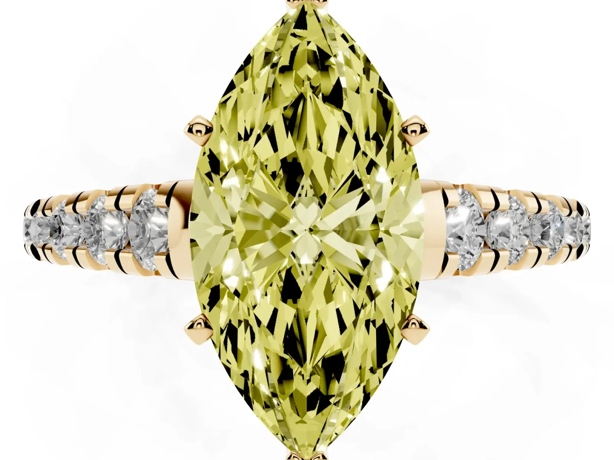 Fancy Yellow Marquise Cut Diamond Cathedral Solitaire Ring with Round Pavé Band Yellow gold