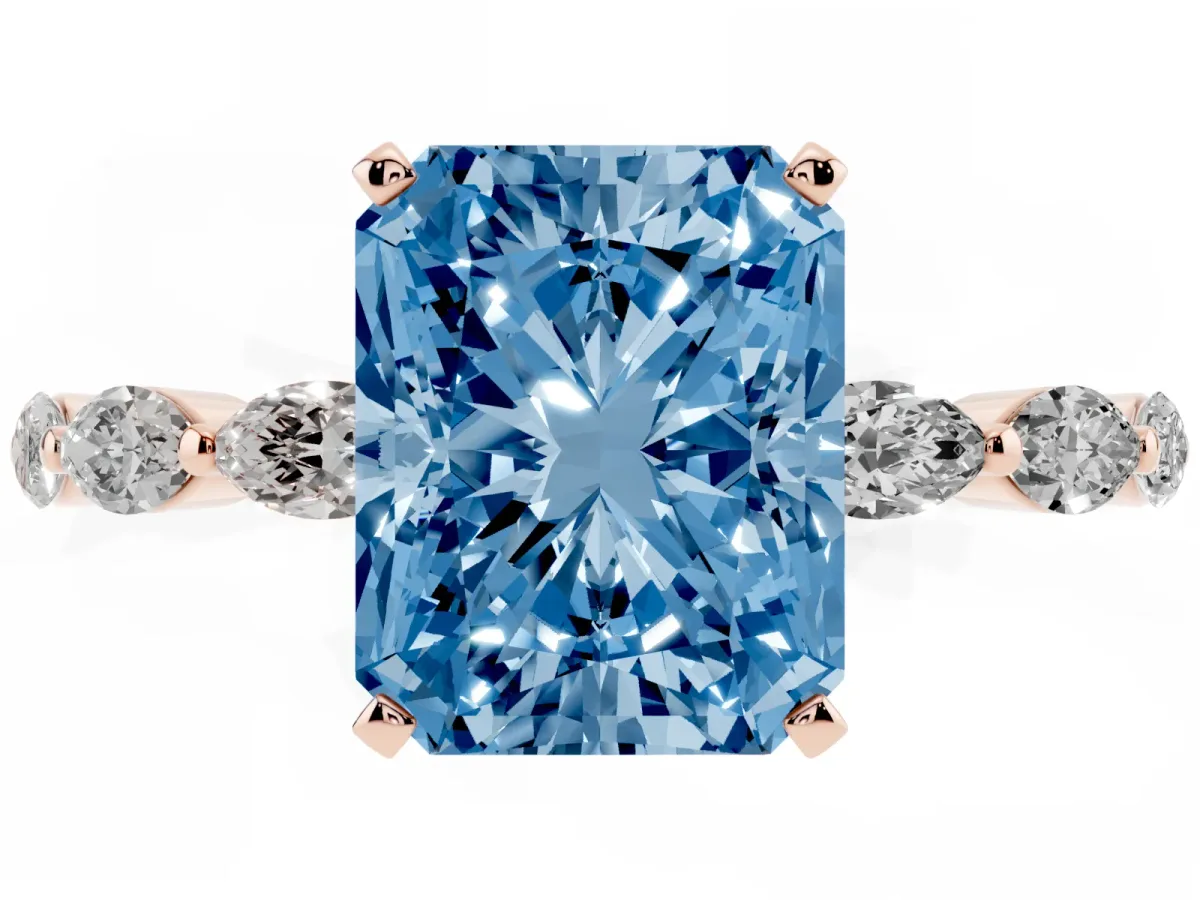 Fancy Blue Radiant Cut Diamond Ring with Marquise Side Stones and Prong Setting Rose gold