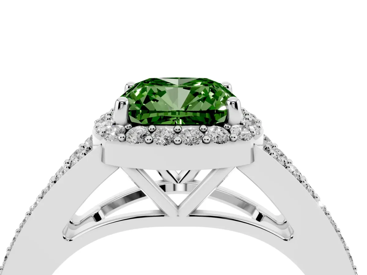 Fancy Green Cushion Cut Halo Split Shank Pave Diamond Ring with Four-Prong Setting Silver
