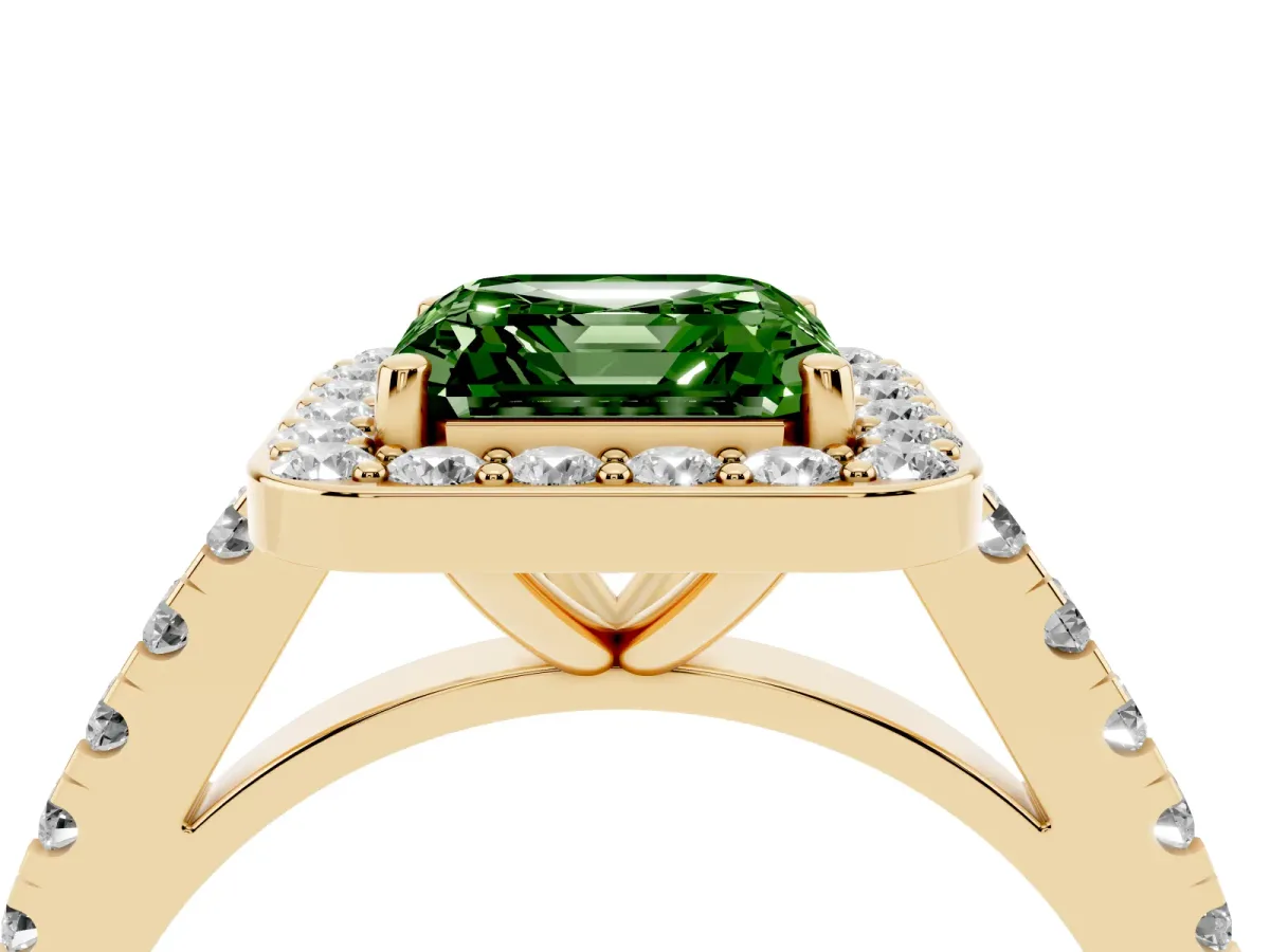 Fancy Green Asscher Cut Diamond Halo Ring with Round Pavé Split Shank and Prong Setting Yellow gold