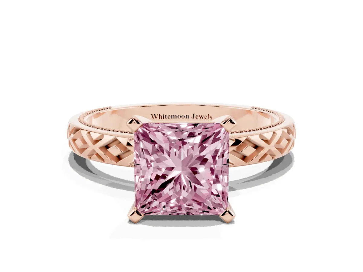 Fancy Pink Princess Cut Solitaire Diamond Ring with Milgrain and Black Enamel X Pattern Band Rose gold