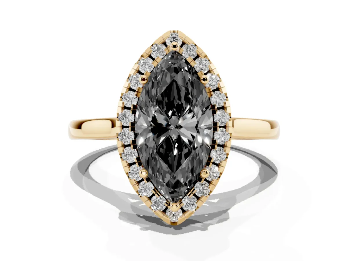 Fancy Black Marquise Cut Halo Round Diamond Solitaire Ring with Pavé Band and Four-Prong Setting Yellow gold