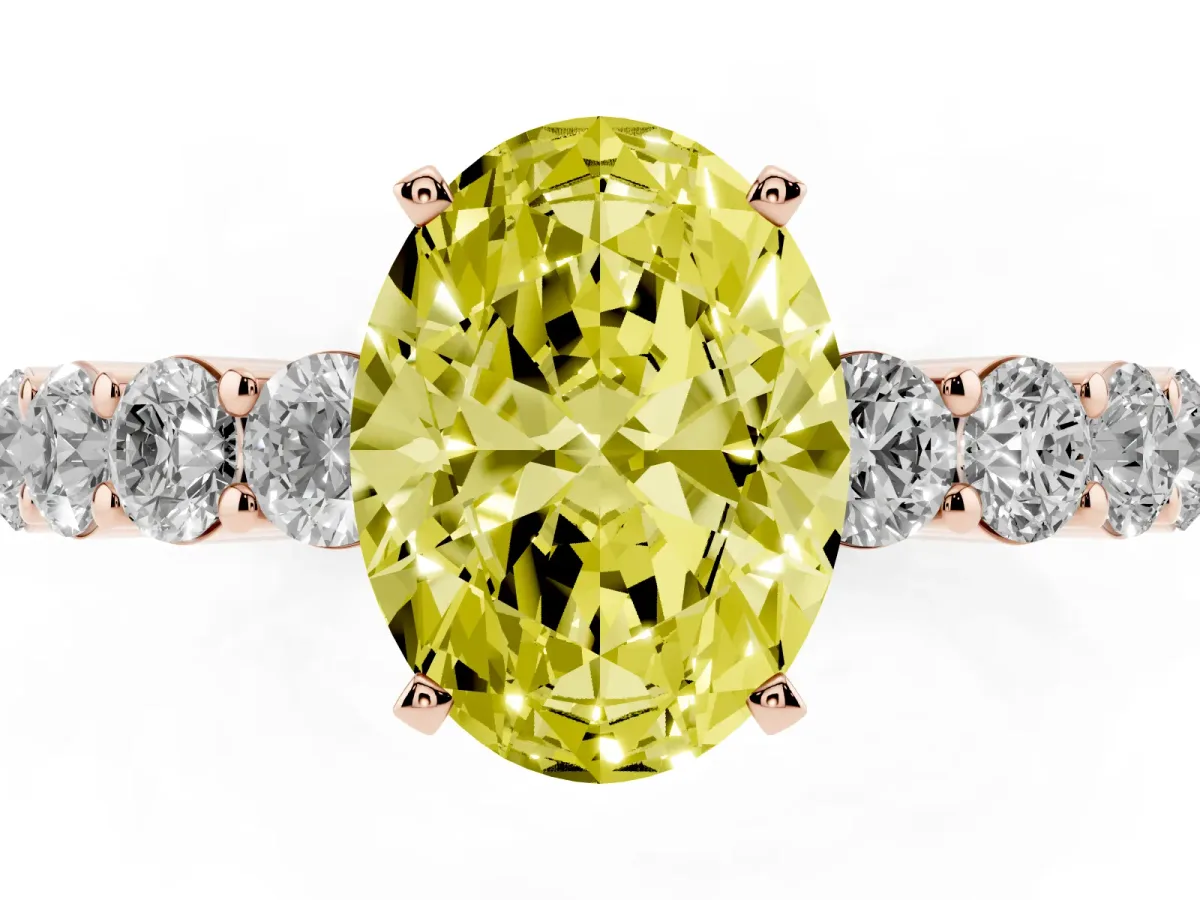 Fancy Yellow Oval Cut Diamond Solitaire Ring with Shared Prong Round Side Stones Rose gold