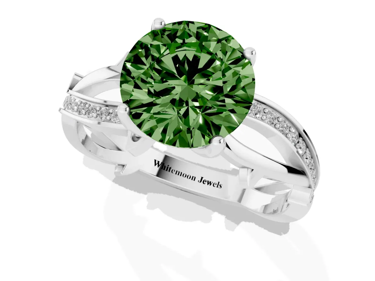 Fancy Green Round Cut Solitaire Twist Band with Pavé Accents and Four-Prong Setting White gold