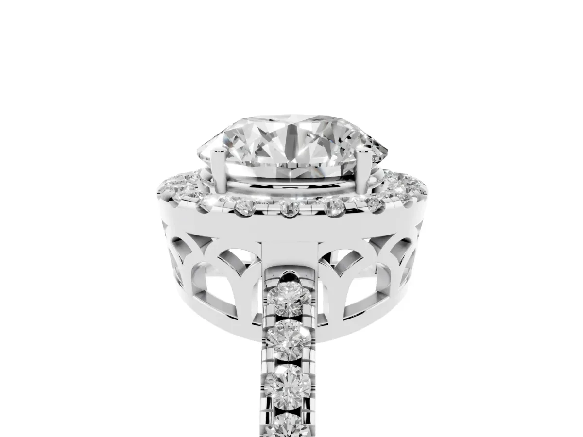 Round Cut Halo Diamond Engagement Ring with Pavé Band and Four-Prong Setting Silver