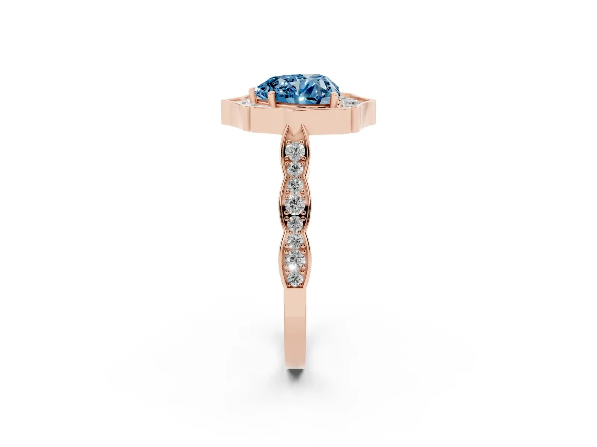 Fancy Blue Heart Cut Halo Diamond Engagement Ring with Milgrain Band and Four-Prong Setting Rose gold