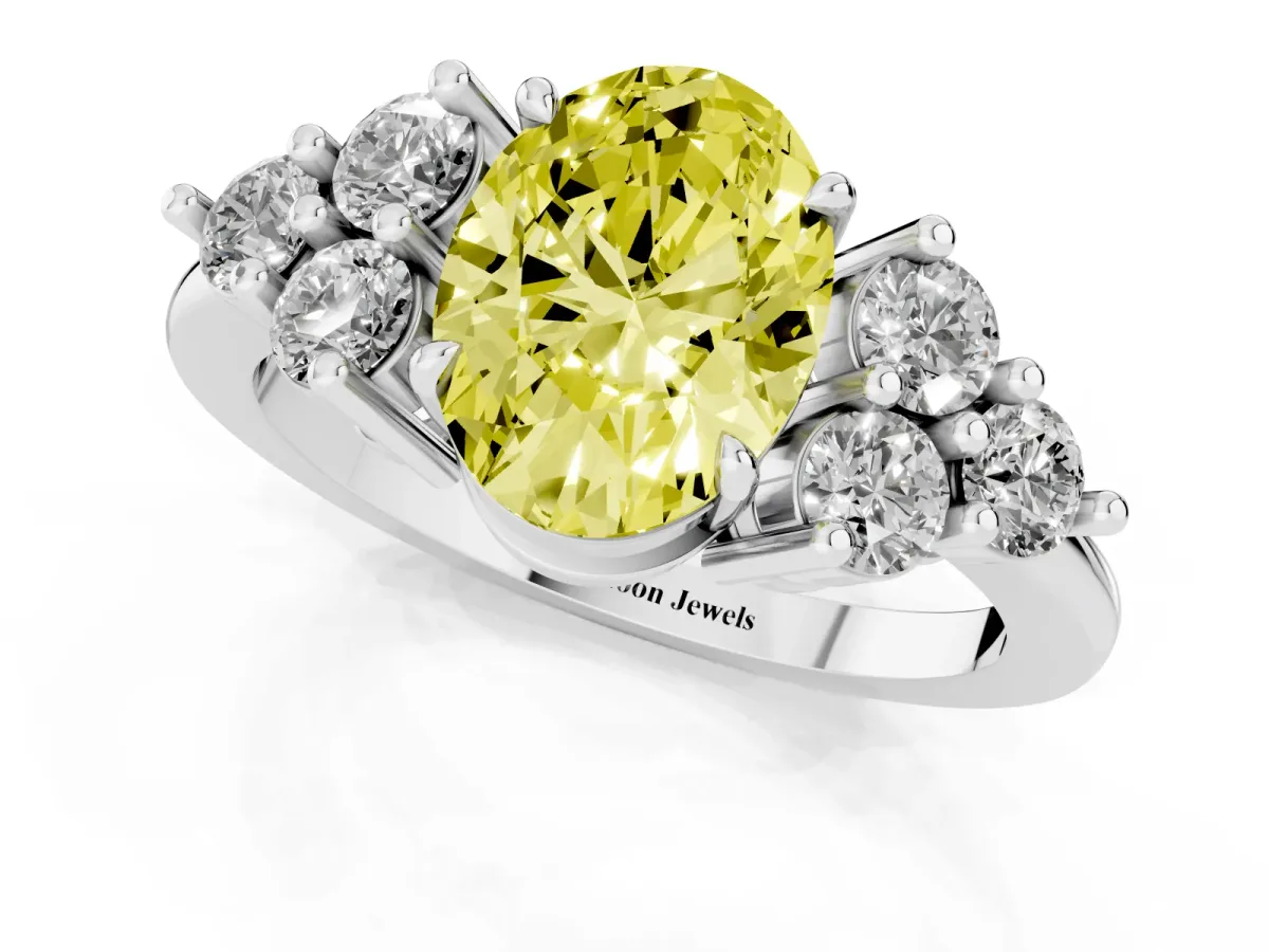 Fancy Yellow Oval Cut Brilliant Diamond Cluster Accent Solitaire Ring with Prong Setting White gold