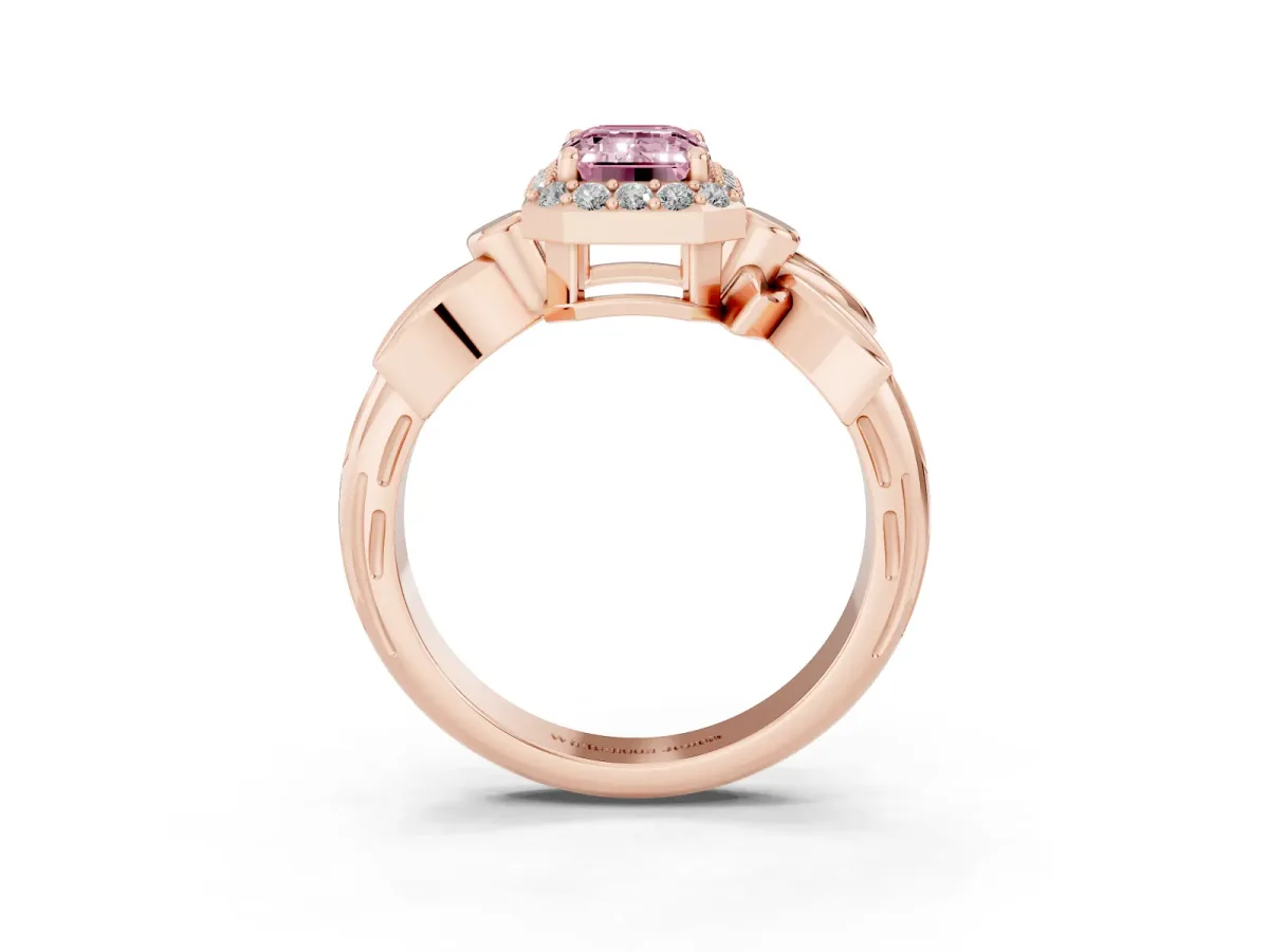 Fancy Pink Emerald Cut Halo Diamond Floral Band with Four-Prong Setting Rose gold