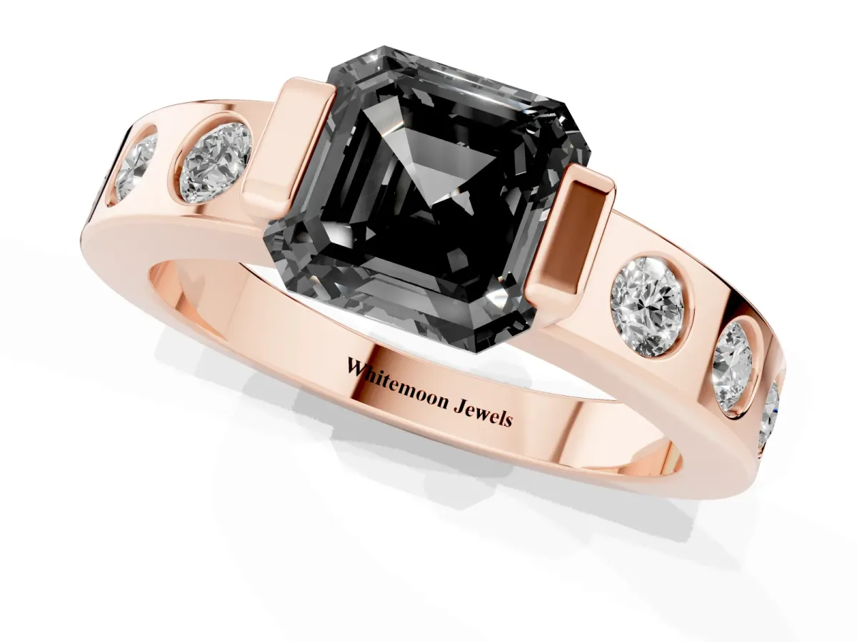 Fancy Black Asscher Cut Brilliant Channel-Set Diamond Ring with Bezel Prong Setting Rose gold