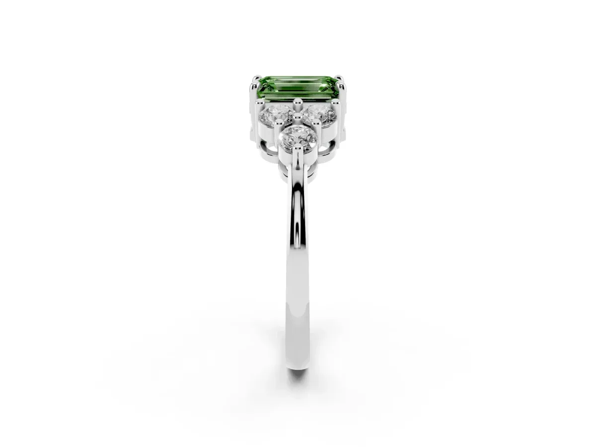 Fancy Green Emerald Cut Brilliant Diamond Cluster Accent Solitaire Ring with Prong Setting Platinum