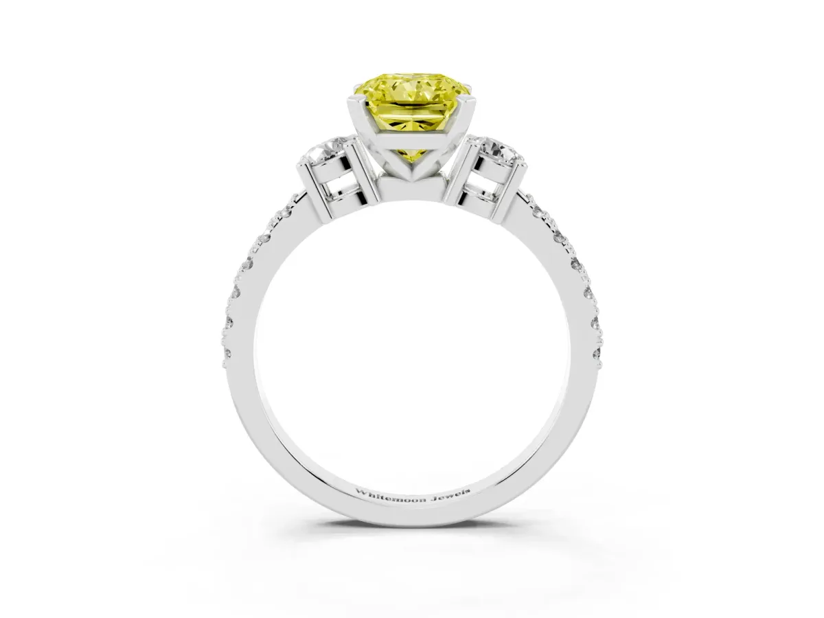 Fancy Yellow Radiant Cut Three-Stone Diamond Pavé Band with Prong Setting Silver