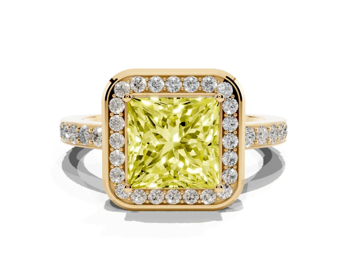 Fancy Yellow Princess Cut Diamond Halo Ring with Bezel Frame and Pavé Band Yellow gold