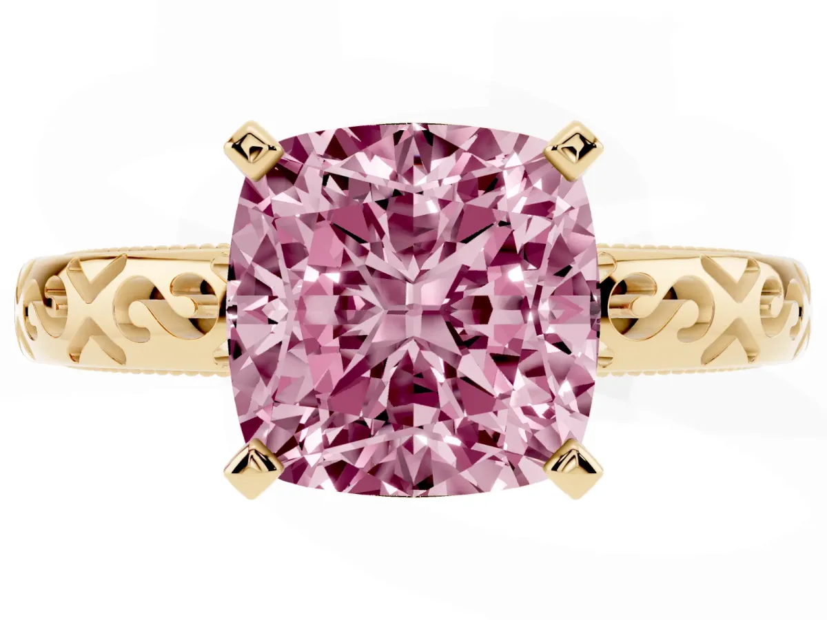 Fancy Pink Cushion Cut Solitaire Engagement Ring with Scrollwork Band and Four-Prong Setting Yellow gold