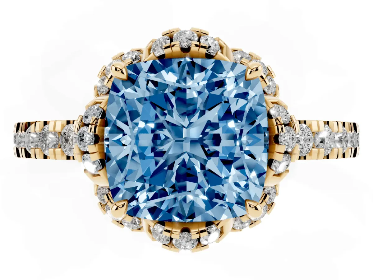Fancy Blue Cushion Cut Halo Diamond Pave Band Ring with Four-Prong Setting Yellow gold