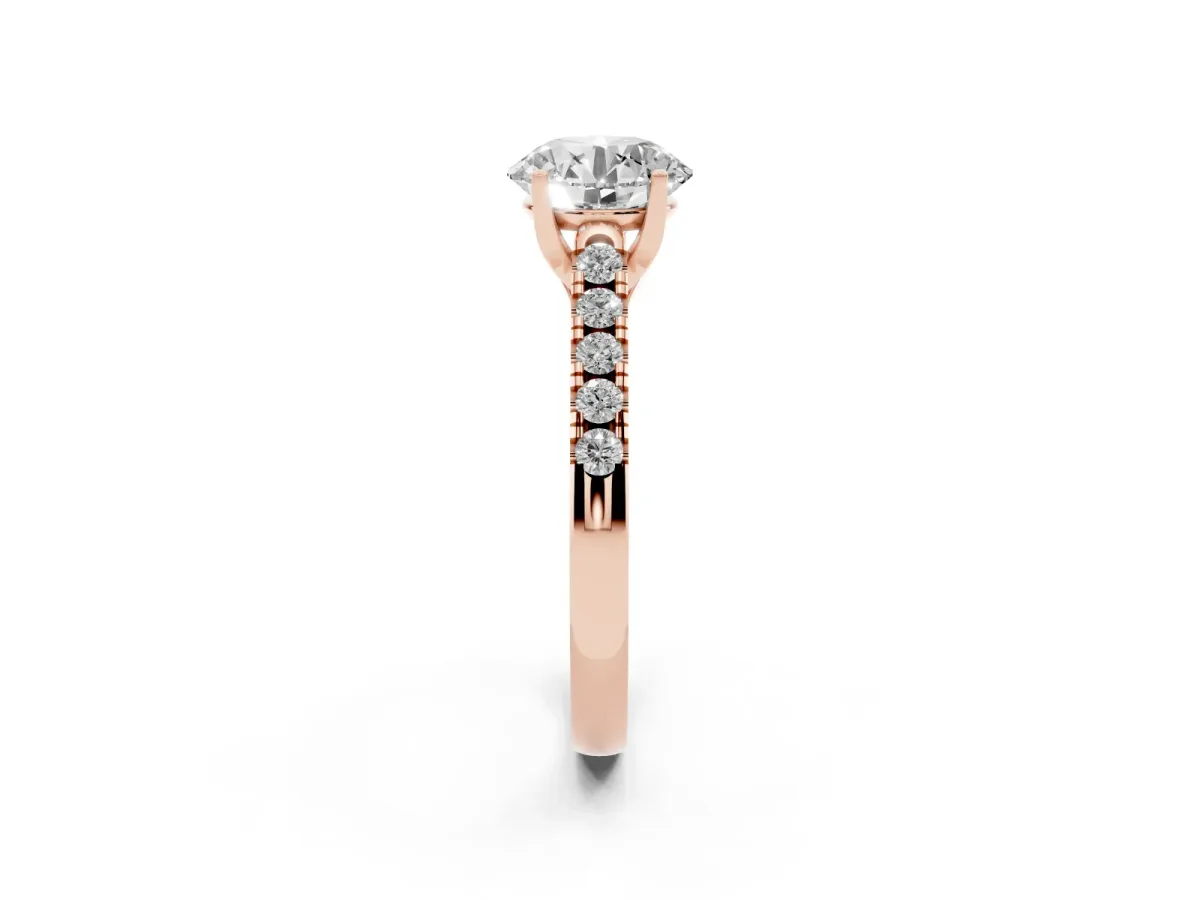 Round Cut Diamond Pavé Band Solitaire Ring with Prong Setting Rose gold