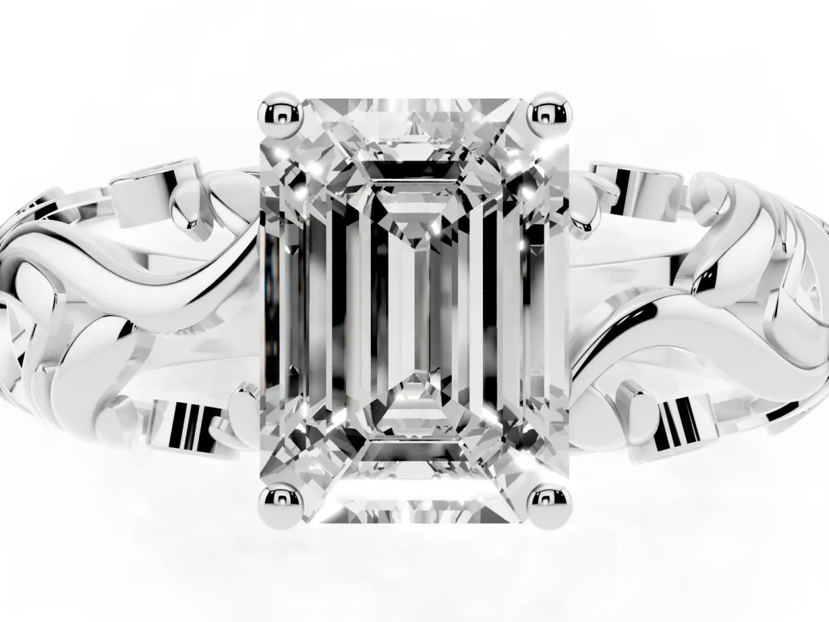 Emerald Cut Solitaire Diamond Leaf-Inspired Vine Band Ring with Prong Setting Platinum