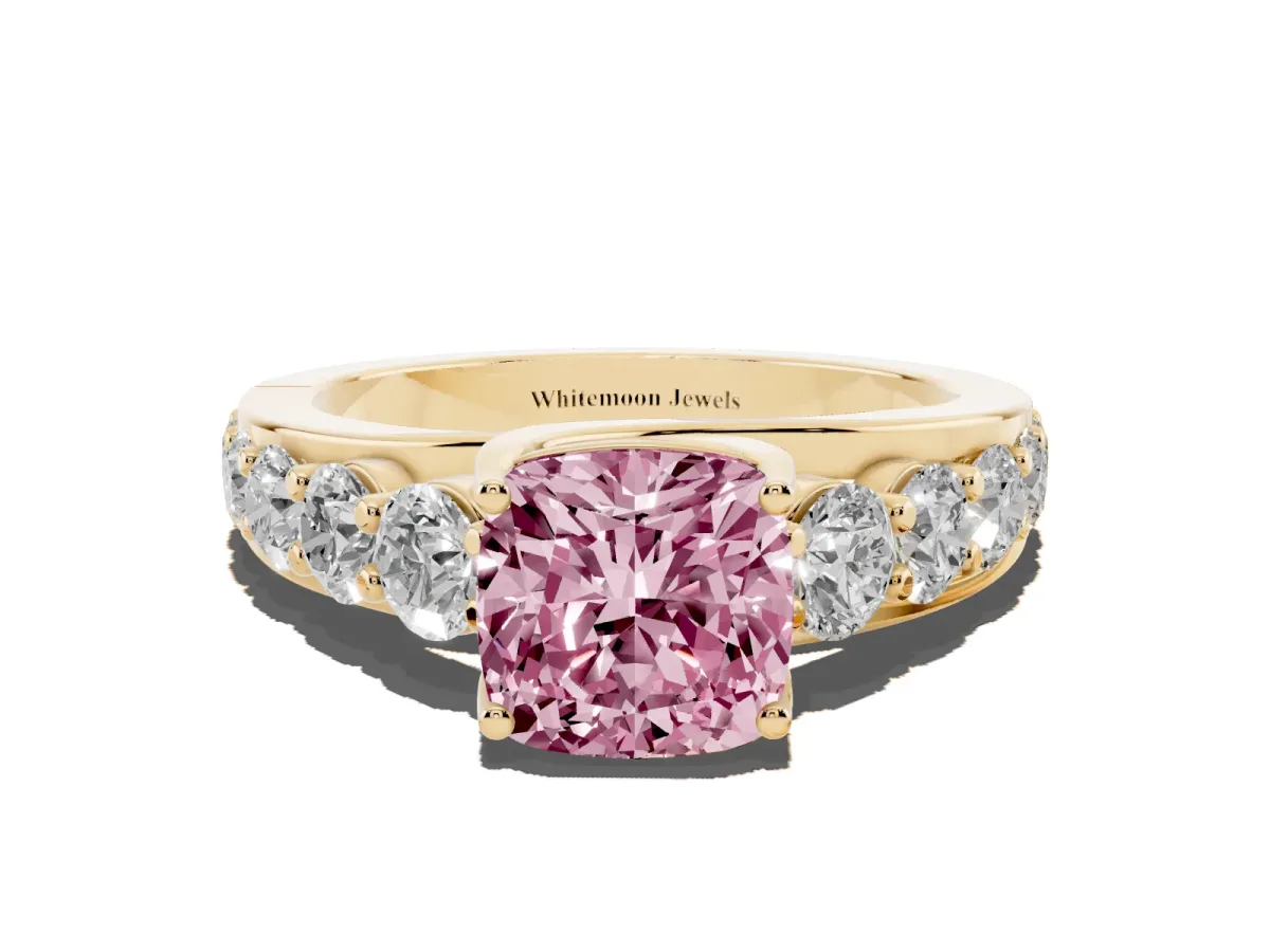 Fancy Pink Cushion Cut Diamond Engagement Ring with Pavé Band and Four-Prong Setting Yellow gold