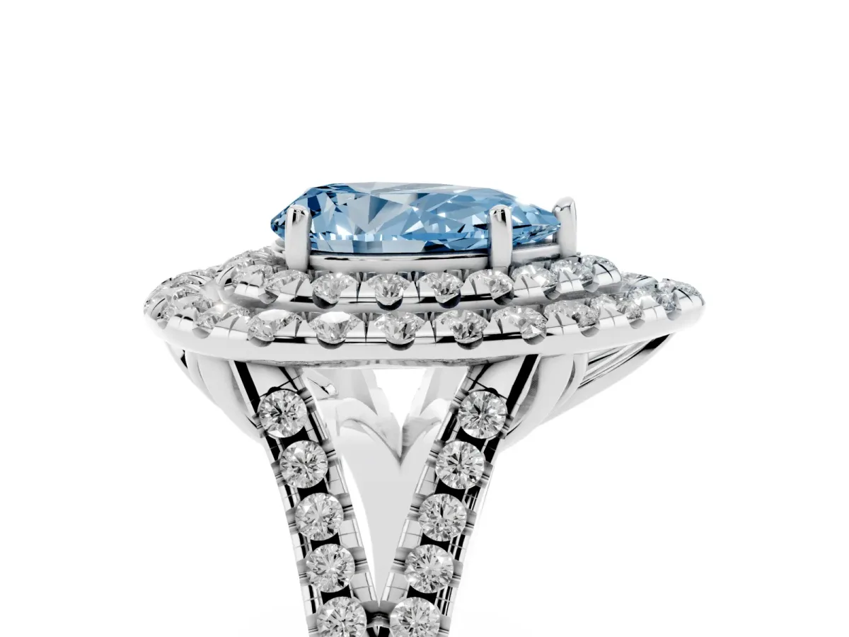 Fancy Blue Double Halo Pear Cut Diamond Pavé Split Shank Ring with Prong Setting White gold