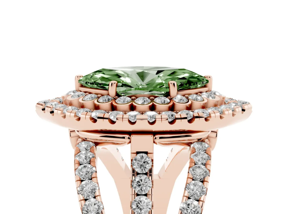 Fancy Green Marquise Cut Diamond Double Halo Ring with Round Pavé Split Shank and Prong Setting Rose gold