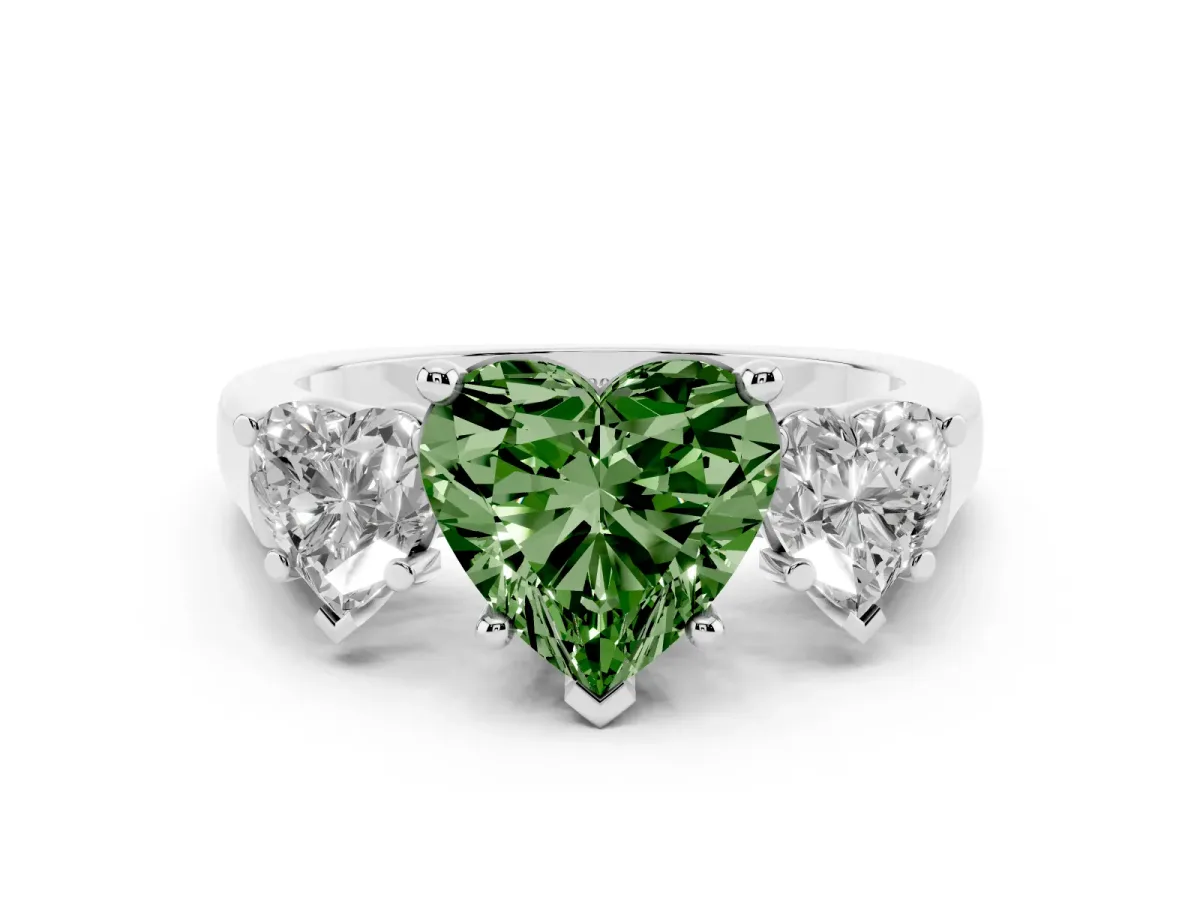 Fancy Green Three-Stone Heart Cut Brilliant Diamond Trellis Ring with Comfort Fit Band Platinum