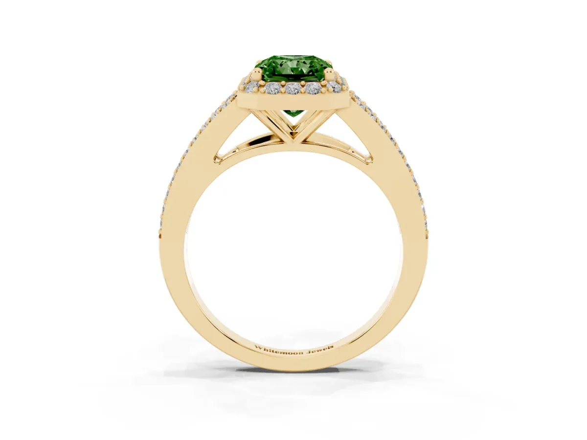 Fancy Green Radiant Cut Halo Split Shank Pave Diamond Ring with Four-Prong Setting Yellow gold