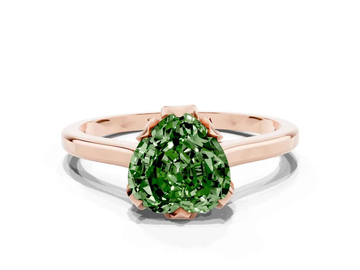 Fancy Green Heart Cut Diamond Solitaire Ring with Flower Prong Setting and Classic Band Rose gold