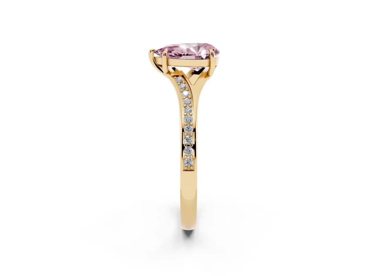 Fancy Pink Pear Cut Diamond Solitaire Ring with Pavé Band and Prong Setting Yellow gold