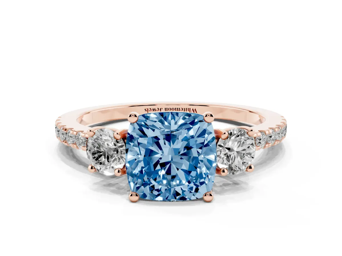 Fancy Blue Three-Stone Cushion Cut Cut Diamond Pavé Band with Prong Setting Rose gold