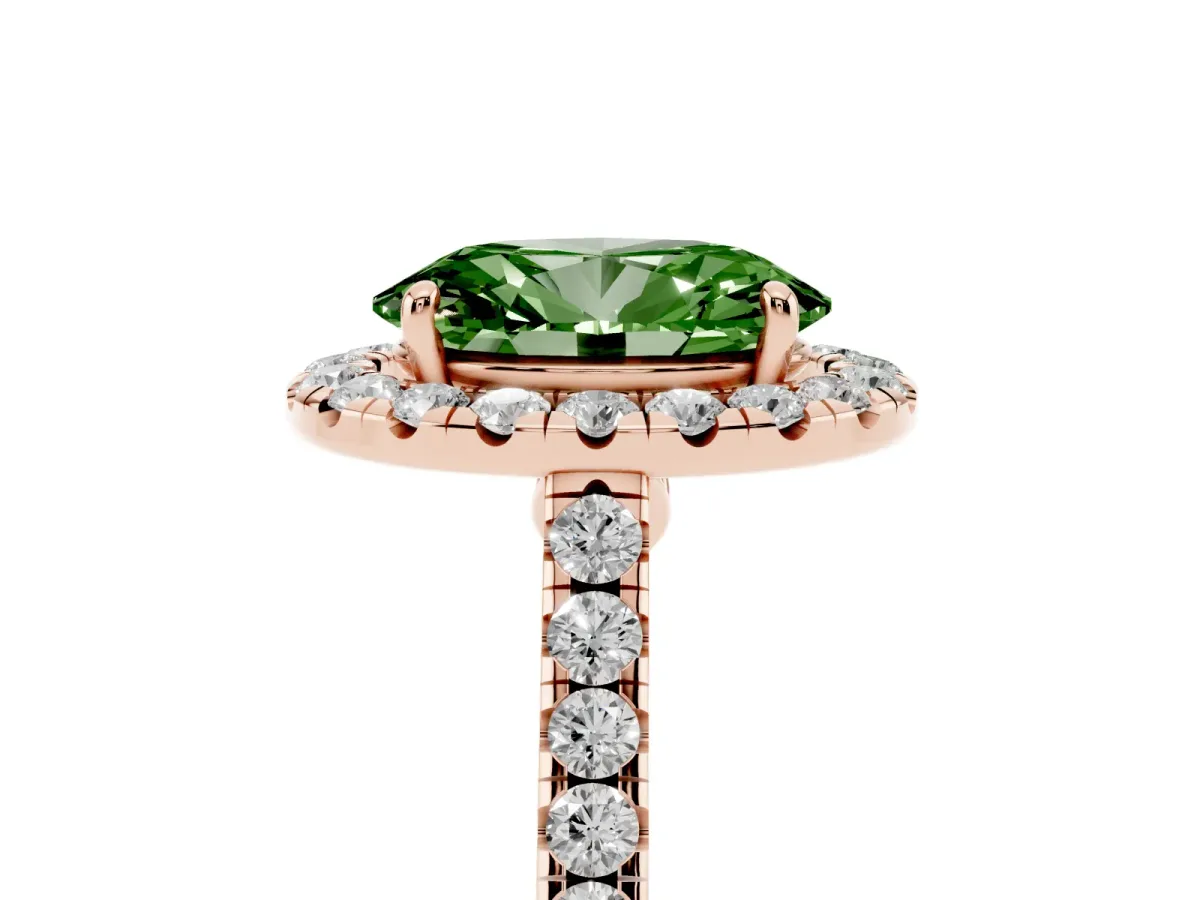 Fancy Green Oval Cut Halo Pave Diamond Engagement Ring with Four-Prong Setting Rose gold