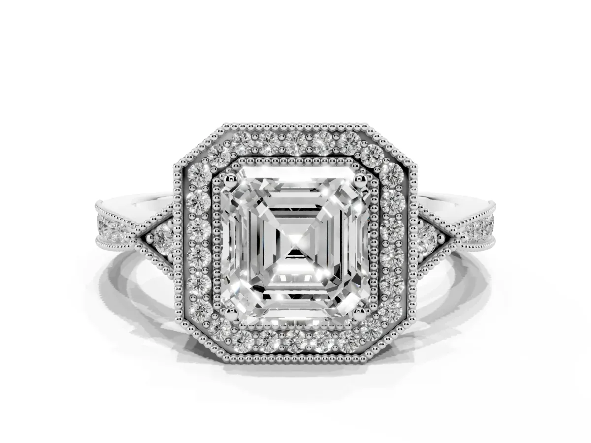 Asscher Cut Halo Round Diamond Milgrain Pave Engagement Ring Silver