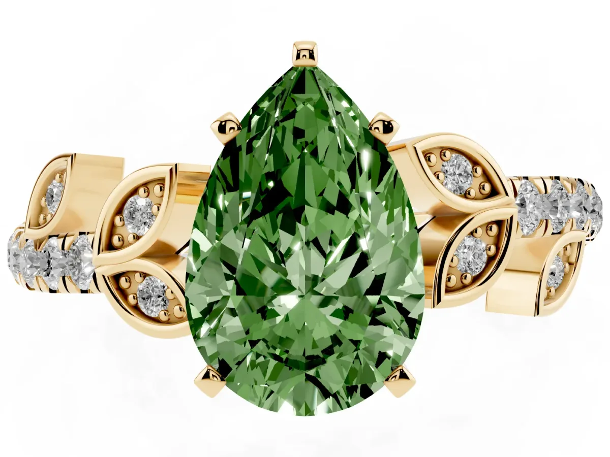 Fancy Green Pear Cut Solitaire Leaf-Inspired Diamond Ring with Pavé Band and Four-Prong Setting Yellow gold