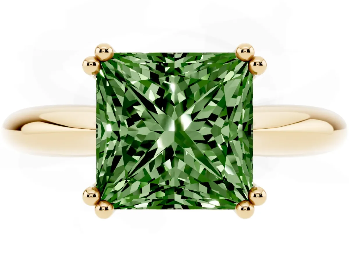 Fancy Green Princess Cut Cut Solitaire Engagement Ring with Tapered Band and Four-Prong Setting Yellow gold
