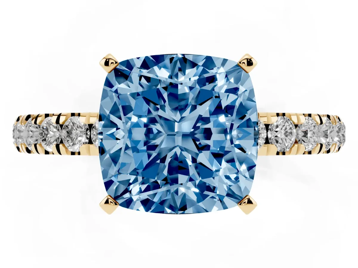 Fancy Blue Cushion Cut Diamond Solitaire Ring with Pavé Accents and Four-Prong Setting Yellow gold
