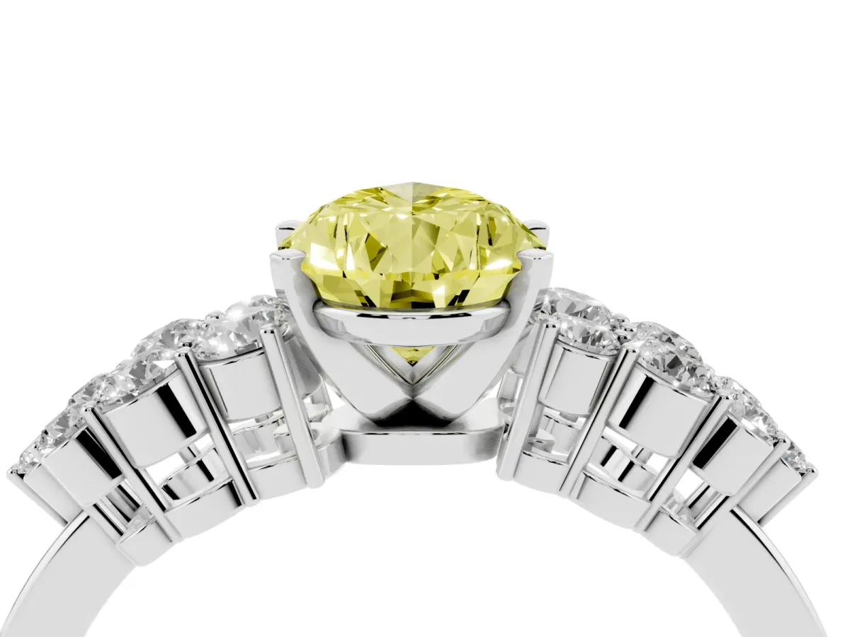 Fancy Yellow Pear Cut Cluster Diamond Engagement Ring with Pavé Band and Four-Prong Setting Platinum