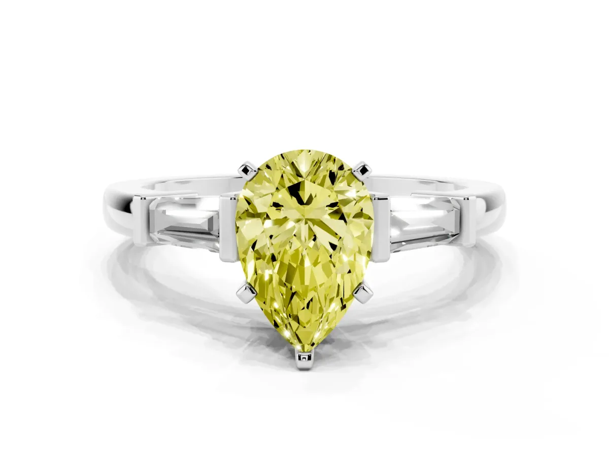 Fancy Yellow Pear Cut Cut Diamond Solitaire Ring with Tapered Baguette Accents and Four-Prong Setting Silver