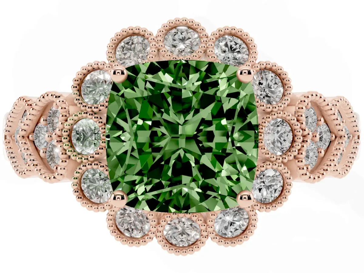 Fancy Green Cushion Cut Brilliant Milgrain Pave Heart Band Solitaire Ring Rose gold