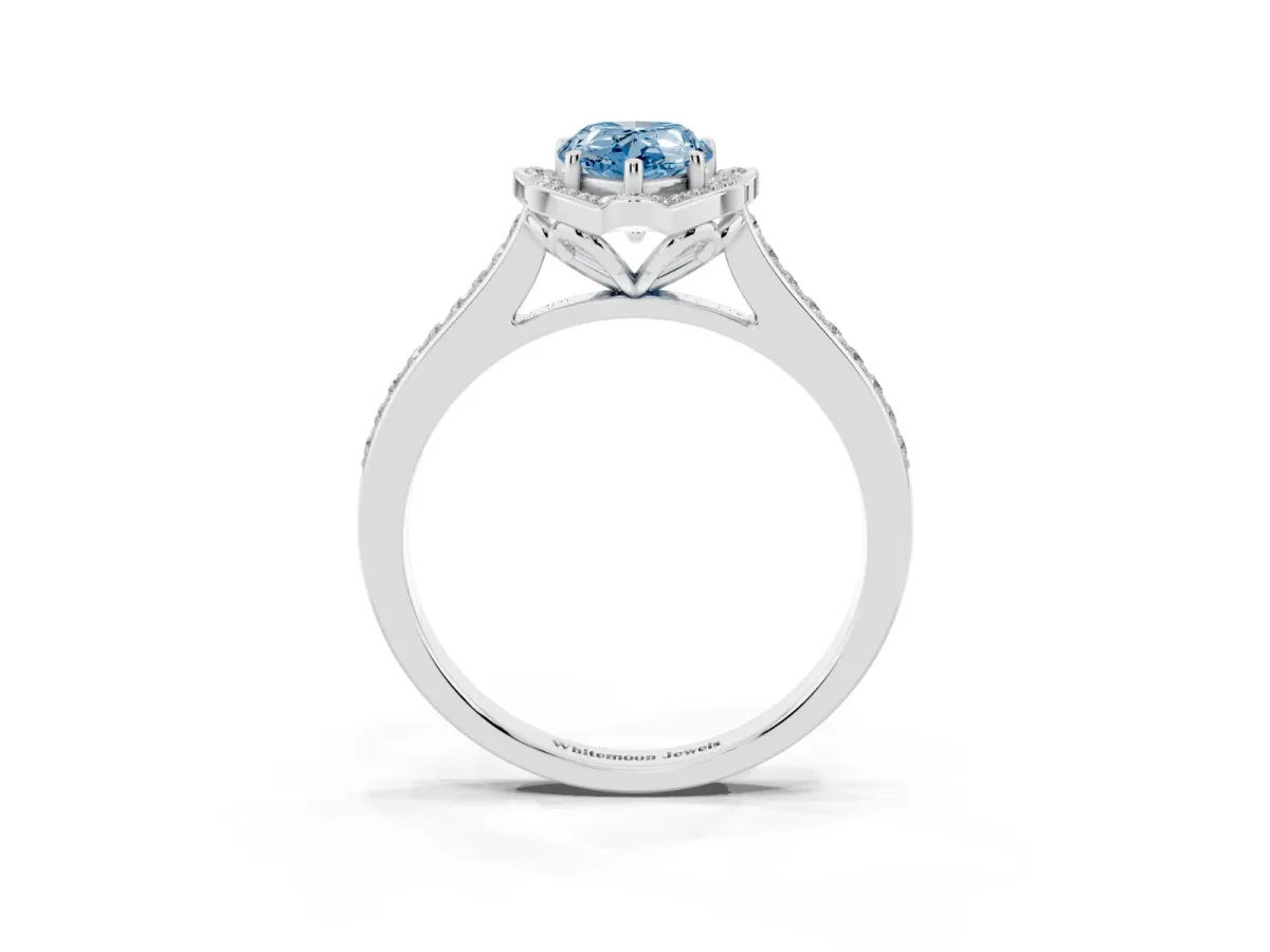 Fancy Blue Pear Cut Halo Round Diamond Pave Band with Four-Prong Setting Silver