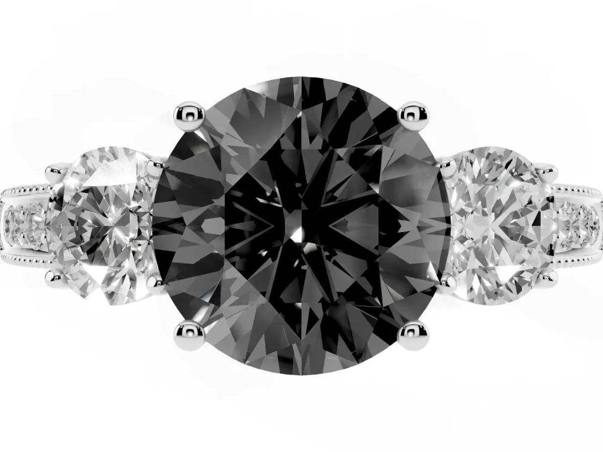 Fancy Black Round Cut Three-Stone Diamond Ring with Pavé Band and Four-Prong Setting Silver