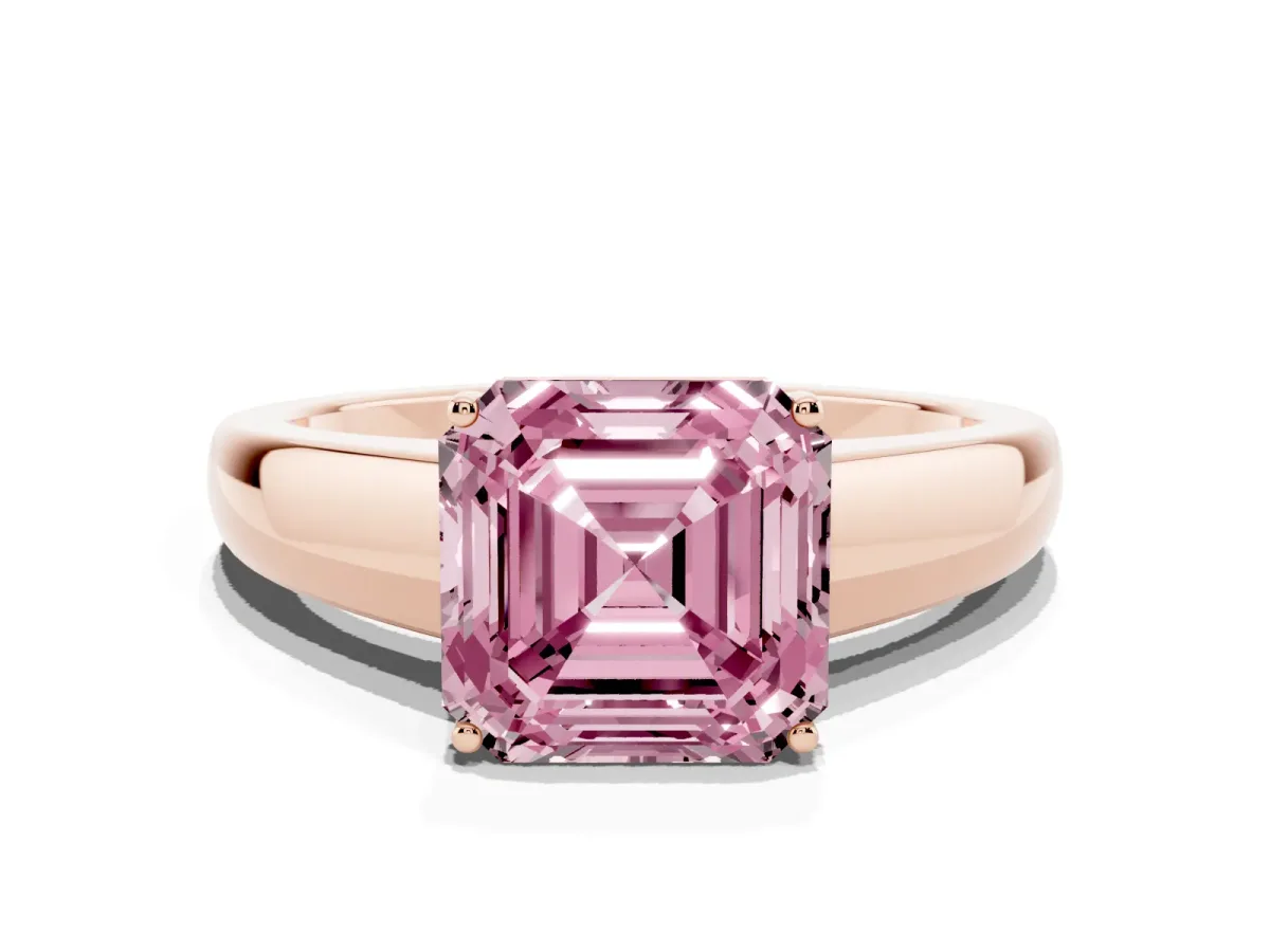 Fancy Pink Asscher Cut Solitaire Diamond Ring with Tapered Band and Four-Prong Setting Rose gold