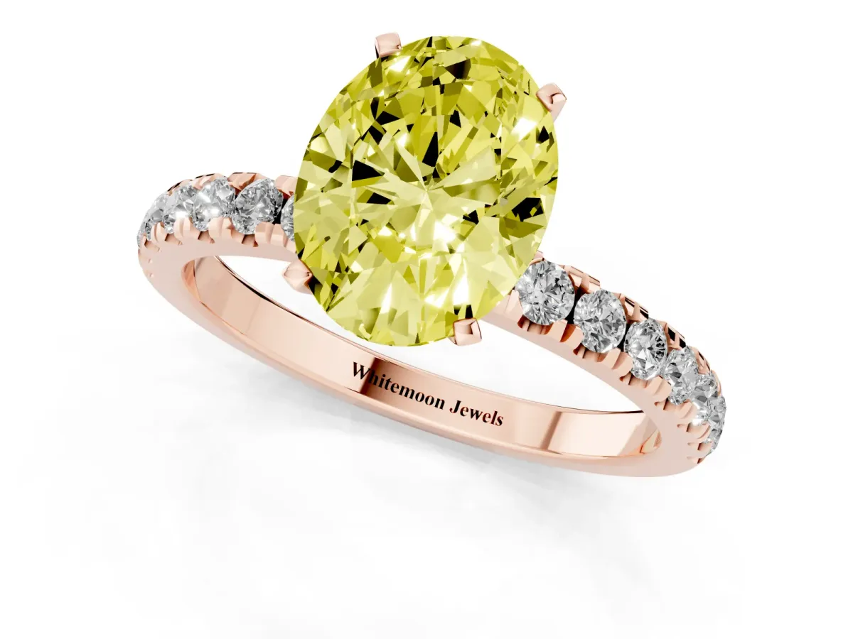Fancy Yellow Oval Cut Diamond Solitaire Ring with Pavé Accents and Four-Prong Setting Rose gold